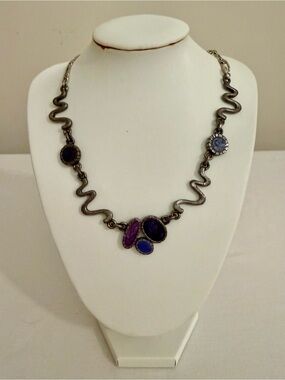 Vintage Chico's Silver-Tone Sinuous Necklace with Purple and Blue Stones